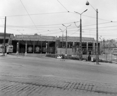 Hungary, Budapest II., Budakeszi út 9-11., Szépilona kocsiszín., 1975, UVATERV, tram, lamp post, destination sign, Budapest, carbarn, public transport line number, Fortepan #98836