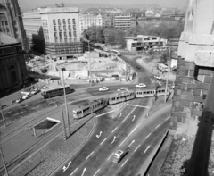 Hungary, Budapest V., Deák Ferenc tér a Király (Majakovszkij) utca felől az Erzsébet (Engels) tér felé nézve az aluljáró építése idején., 1975, UVATERV, intersection, bus, Trabant-brand, construction, Ikarus-brand, tram, Red Star, Budapest, Ganz UV tramway, Ganz-brand, Fortepan #98915