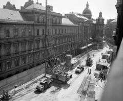 Hungary, Budapest V., Ferenciek tere (Károlyi Mihály utca) a Reáltanoda utca felé nézve, a közúti aluljáró építése idején., 1975, UVATERV, Budapest, Fortepan #98917