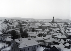 Magyarország, Veszprém, Szent István völgyhíd és a Szent László-templom a Benedek-hegyről nézve., 1940, Kurutz Márton, templom, hó, híd, látkép, vasbeton héjszerkezet, ívhíd, Folly Róbert-terv, Fortepan #9918