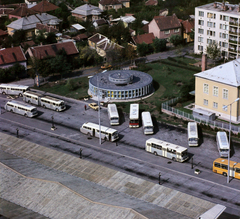 Magyarország, Szolnok, Ady Endre út, autóbusz-állomás., 1978, UVATERV, színes, autóbusz, buszpályaudvar, autóbuszállomás, Ikarus-márka, Ikarus 260, Ikarus 66, Ikarus 620 csuklós, Ikarus 266, Fortepan #99215