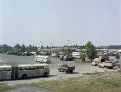 Magyarország, Székesfehérvár, Börgöndi út 14., a Volán telephelye., 1973, UVATERV, színes, autóbusz, csuklós busz, teherautó, Ikarus 66, Ikarus 620/630, ZiL-130, rendszám, Skoda Liaz-márka, Volán-szervezet, GAZ 51, Csepel 130, IFA W50, Fortepan #99249