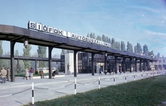 Hungary,Lake Balaton, Siófok, Fő utca, autóbusz-állomás., 1985, UVATERV, colorful, bus, place-name signs, bus stop, Ikarus-brand, Fortepan #99483