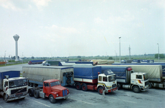 Hungary, Budapest XXIII., Nagykőrösi út 351., Hungarocamion telep., 1987, UVATERV, colorful, Volvo-brand, water tower, Budapest, camion, Hungarocamion-organisation, Scania-brand, MAN-brand, Fortepan #99502