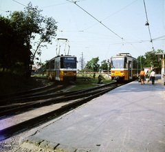 Magyarország, Budapest XI., Márton Áron (Kis Ferenc) tér, az 59-es villamos-végállomása a Farkasréti temető felső bejáratánál., 1980, UVATERV, színes, csehszlovák gyártmány, Tatra-márka, villamos, villamosmegálló, Budapest, Tatra T5C5, viszonylatszám, Fortepan #99559