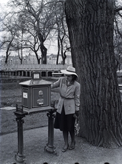 Magyarország, Margitsziget, Budapest, Casino, háttérben az Újpesti rakpart, a Szent István park házai., 1943, Kurutz Márton, kalap, postaláda, retikül, fa, park, Fortepan #9965